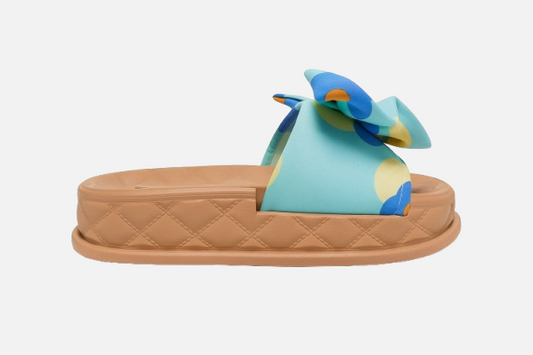 Imported Tan Quilted Platform Slides - Bright Floral Bow Accent