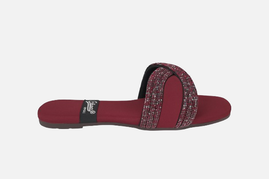 Maroon Glam Sparkle Slides - Dressy Embellished Strap Slides