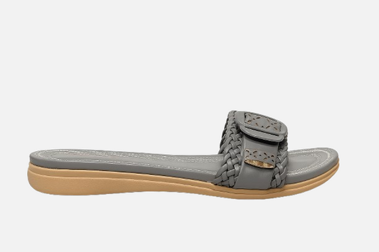 Grey Buckle Strap Laser Cut Flat Slides - Extra Soft & Medicated
