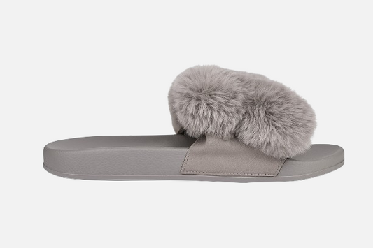 Imported Ladies Grey Faux Fur Double Strap Slippers – Cozy & Stylish