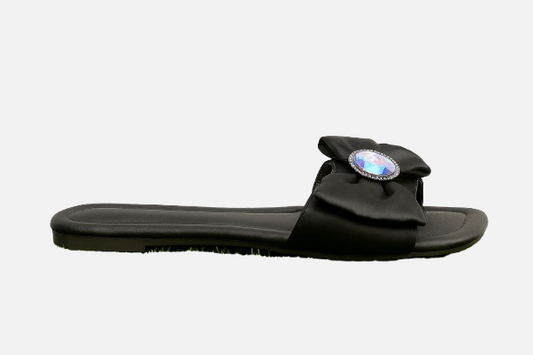 Elegant Black Ruched Slide with Iridescent Gem