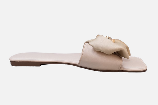 Luxurious Cream Satin Bow Slides with Rhinestone Embellishments