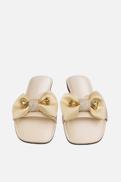 Luxurious Cream Satin Bow Slides with Rhinestone Embellishments