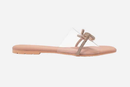 See-Through Chic Flat Slides with Gold Sparkle Bow
