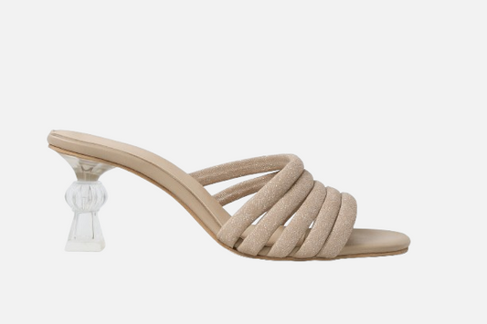 Beige Padded Strap Heels with Clear Sculptural Heel