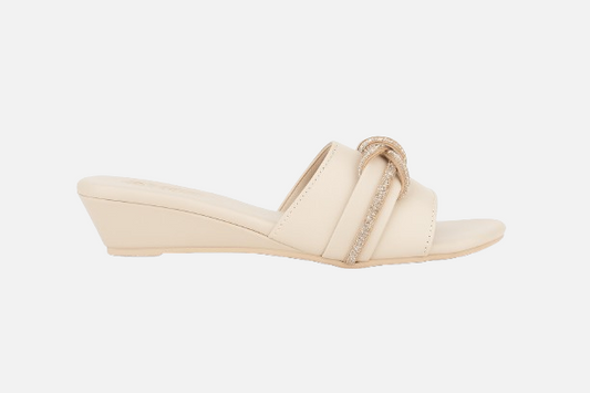 Comfortable & Stylish Cream Wedge Slides with Sparkle Knot