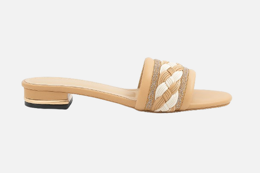 Women's Beige Braided Design Block Heel Slides