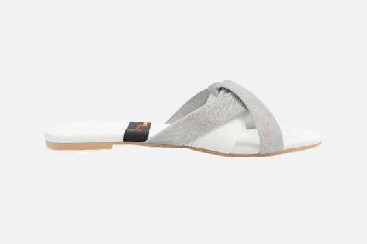 Stylish White & Silver Cross Strap Flat Slides for Women