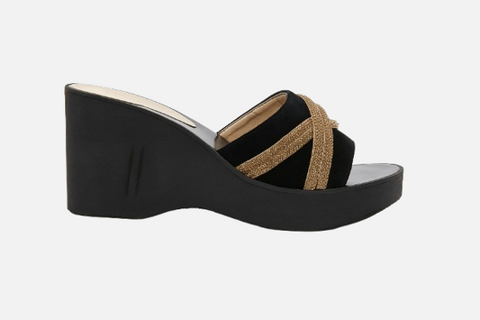 Elegant Black Suede Gold Braided Wedge Heels for Women