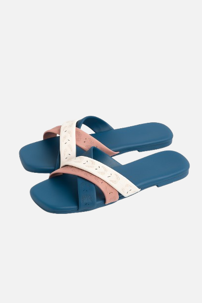 Stylish Blue & Pink Patterned Criss-Cross Flat Slides