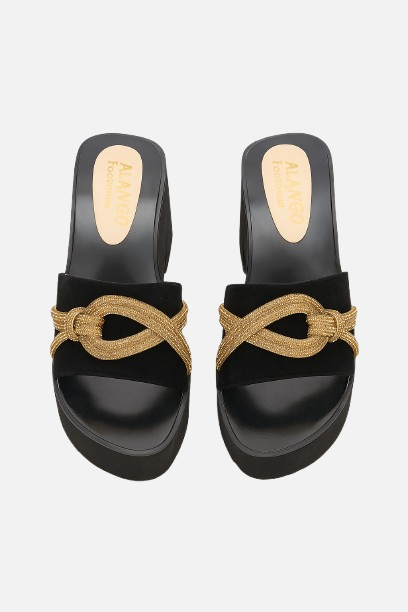 Elegant Black Suede Gold Braided Wedge Heels for Women