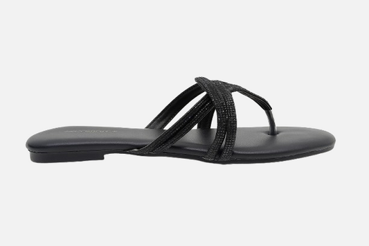 Chic Black Embellished Flat Thong Slides