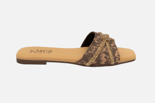 Brown Floral Flats with Gold Embellishment & Knot Detail