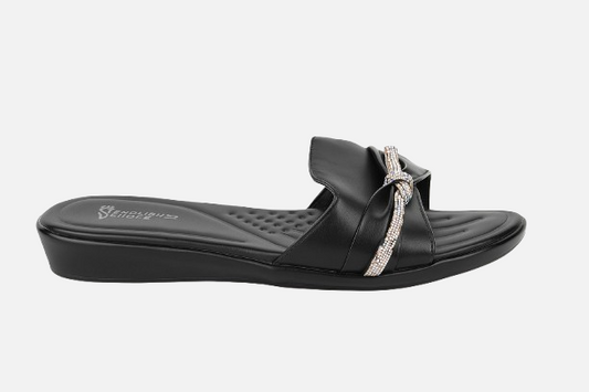 Women's Black Flat Slides with Rhinestone Knot