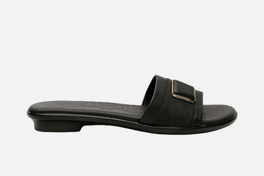 Black Slip-On Flat Slides with Gold Buckle - Textured Comfort Footwear