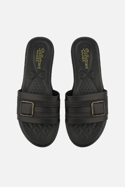Black Slip-On Flat Slides with Gold Buckle - Textured Comfort Footwear