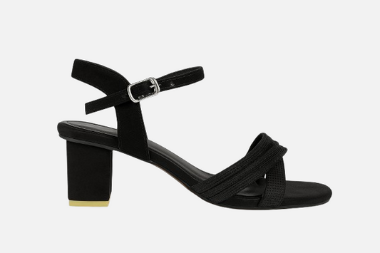 Modern Black Woven Strap Block Heel Sandals
