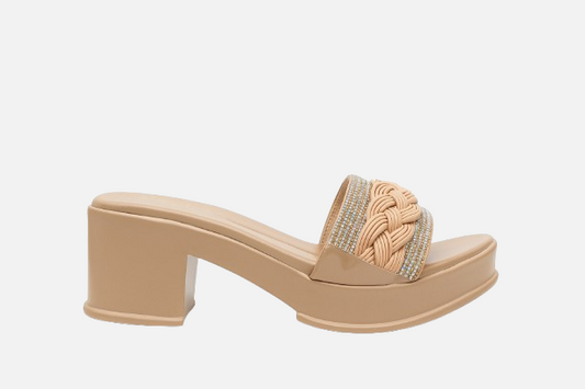Trendy Beige High Sole Platform Slides with Braided & Crystal Straps