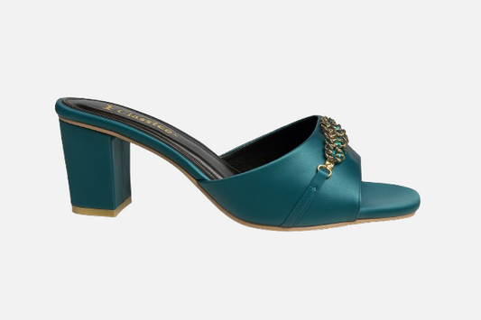 Luxe Teal & Gold Embellished Block Heel Mules