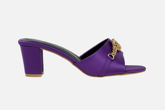 Dazzling Purple Block Heel Mules with Gold & Maroon Embellishment
