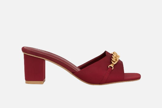 Rich Maroon Block Heel Mules with Gold & Ruby Embellishment
