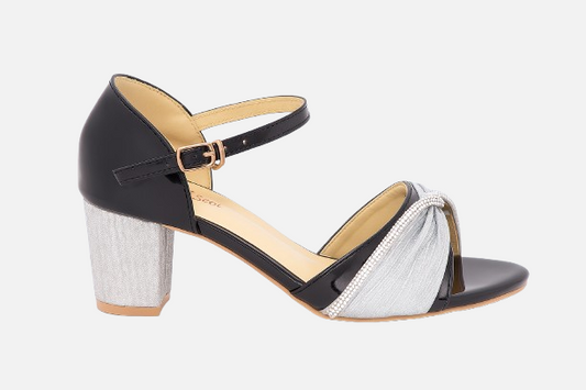 Glamorous Knotted Bow Block Heels - Black & Silver
