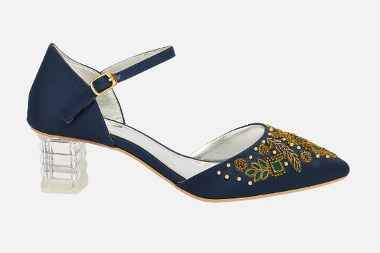 Luxury Navy Embroidered Heels with Clear Block Heel