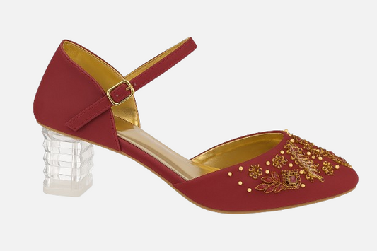 Red Block Heel Pumps with Gold Embellishments & Ankle Strap for Women