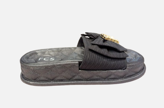 Imported Glam Black Quilted Platform Bow Slides