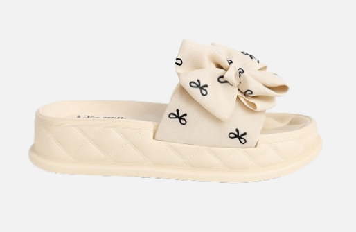 Imported Cute Off-White Bow Slides - Pearl Detail & Comfy Platform